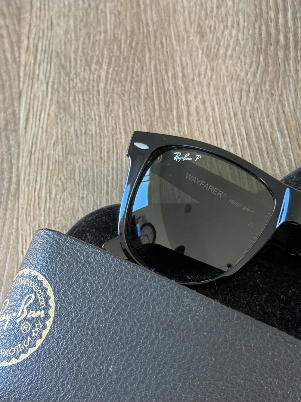 Ray-Ban Black Polarized Wayfarer Sunglasses with Black Leather Case